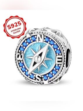 🌍 925 Sterling Silver Rotating Compass Charm Blue CZ
